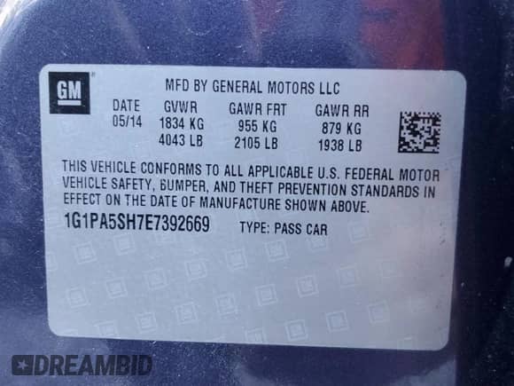 2014 Chevrolet Cruze LS z VIN 1G1PA5SH7E7392669, wystawiony jako Copart lot #85942515 z przebiegiem 141 483 mil mil oraz Czysty tytuł • Clean title. Historia ofert i sprzedaży dostępna na DreamBid. Obrazek 12.