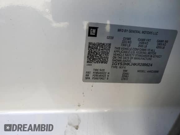 2019 Cadillac Escalade ESV Luxury с VIN 1GYS3HKJ4KR289624, выставлен на аукционе Copart как лот 46397585 с пробегом 98 842 миль миль и На запчасти • Non repairable. История ставок и продаж доступна на DreamBid. Изображение 14.