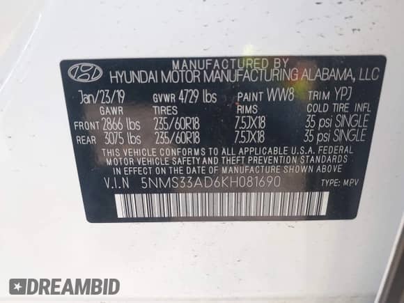 2019 Hyundai Santa Fe SEL with VIN 5NMS33AD6KH081690, listed as a IAAI auction lot 41961423 with 114,389 mi miles and . Bid and sale history available at DreamBid. Image 9.