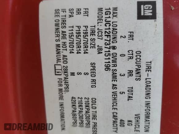 2003 Chevrolet Cavalier with VIN 1G1JC12F737151196, listed as a Copart auction lot 64353545 with 121,960 mi miles and Salvage title. Bid and sale history available at DreamBid. Image 12.