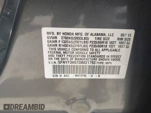 2013 Honda Pilot EX-L with VIN 5FNYF3H57DB021793, listed as a IAAI auction lot 42930237 with 89,636 mi miles and . Bid and sale history available at DreamBid. Image 9.