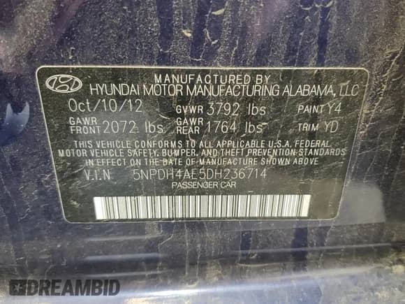 2013 Hyundai Elantra Limited with VIN 5NPDH4AE5DH236714, listed as a Copart auction lot 84788895 with 136,023 mi miles and Salvage title. Bid and sale history available at DreamBid. Image 12.