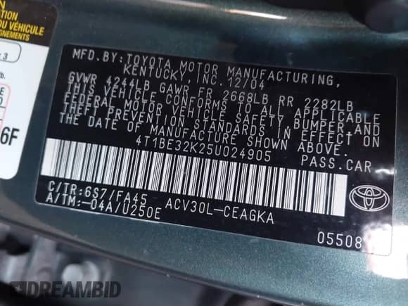 2005 Toyota Camry STD with VIN 4T1BE32K25U024905, listed as a IAAI auction lot 42980049 with 192,779 mi miles and . Bid and sale history available at DreamBid. Image 9.