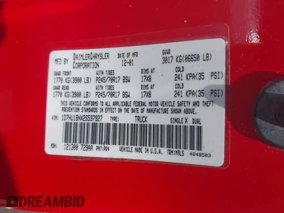 2002 Dodge 1500 with VIN 1D7HU18NX2S597927, listed as a IAAI auction lot 42585052 with 233,385 mi miles and . Bid and sale history available at DreamBid. Image 9.