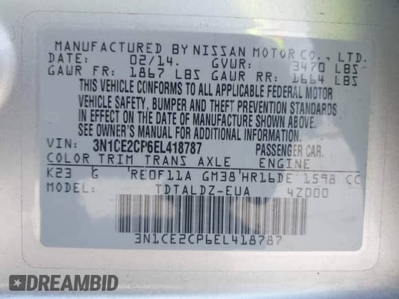 2014 Nissan Note SV with VIN 3N1CE2CP6EL418787, listed as a IAAI auction lot 42540009 with 99,508 mi miles and . Bid and sale history available at DreamBid. Image 9.