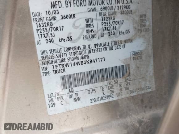 2004 Ford F-150 XLT с VIN 1FTRW14W84KB47171, выставлен на аукционе IAAI как лот 43280294 с пробегом 206 752 миль миль и . История ставок и продаж доступна на DreamBid. Изображение 9.