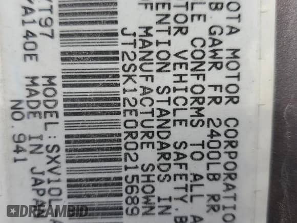 1994 Toyota Camry LE z VIN JT2SK12E0R0215689, wystawiony jako Copart lot #68546935 z przebiegiem 334 264 mil mil oraz Nie do naprawy • Non repairable. Historia ofert i sprzedaży dostępna na DreamBid. Obrazek 13.