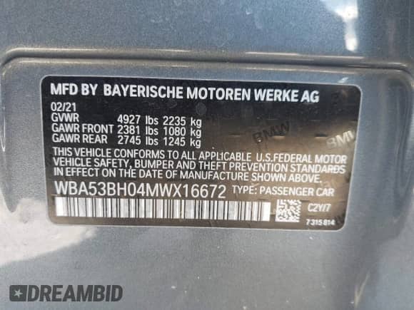2021 BMW 5 Series 530i with VIN WBA53BH04MWX16672, listed as a IAAI auction lot 41963601 with 65,155 mi miles and . Bid and sale history available at DreamBid. Image 9.