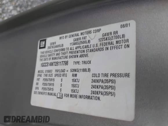 2002 Chevrolet S-10 с VIN 1GCCS14W728117798, выставлен на аукционе IAAI как лот 42439393 с пробегом Не указан миль и . История ставок и продаж доступна на DreamBid. Изображение 9.