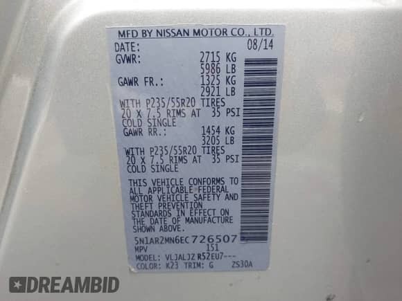 2014 Nissan Pathfinder SL z VIN 5N1AR2MN6EC726507, wystawiony jako IAAI lot #42444733 z przebiegiem 136 280 mil mil oraz . Historia ofert i sprzedaży dostępna na DreamBid. Obrazek 9.