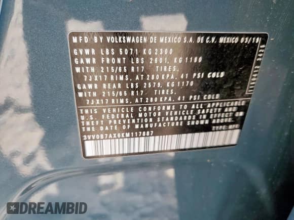 2019 Volkswagen Tiguan S с VIN 3VV0B7AX6KM117887, выставлен на аукционе Copart как лот 66163725 с пробегом 95 490 миль миль и Чистый • Clean title. История ставок и продаж доступна на DreamBid. Изображение 13.