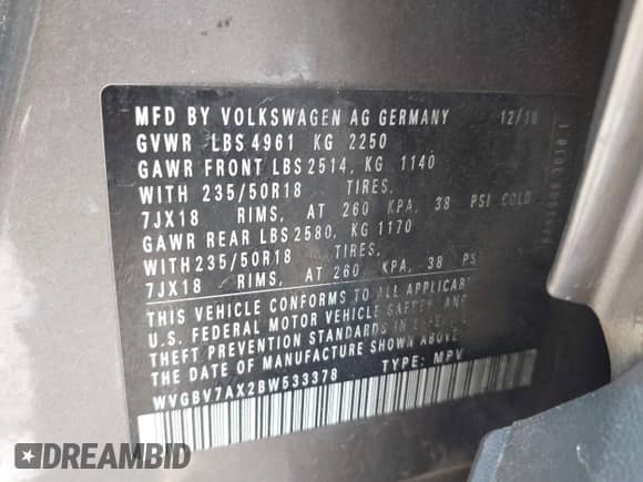 2011 Volkswagen Tiguan S with VIN WVGBV7AX2BW533378, listed as a IAAI auction lot 41922023 with 110,452 mi miles and . Bid and sale history available at DreamBid. Image 9.