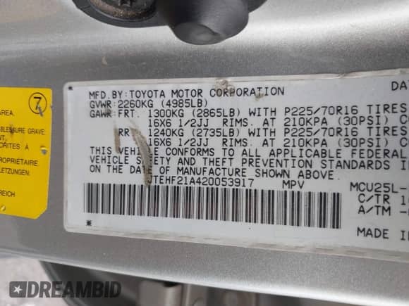 2002 Toyota Highlander с VIN JTEHF21A420053917, выставлен на аукционе IAAI как лот 43263198 с пробегом 287 788 миль миль и . История ставок и продаж доступна на DreamBid. Изображение 9.