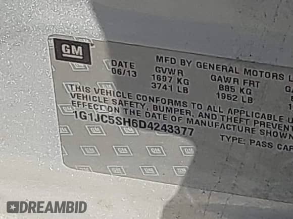 2013 Chevrolet Sonic LT с VIN 1G1JC5SH6D4243377, выставлен на аукционе IAAI как лот 43309456 с пробегом Не указан миль и . История ставок и продаж доступна на DreamBid. Изображение 9.
