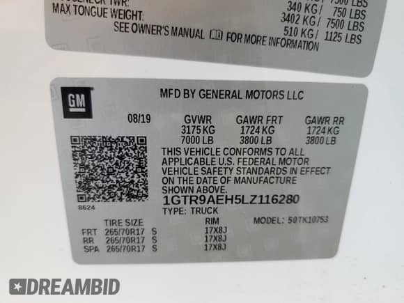 2020 GMC Sierra 1500 with VIN 1GTR9AEH5LZ116280, listed as a Copart auction lot 64952255 with 120,650 mi miles and Salvage title. Bid and sale history available at DreamBid. Image 13.