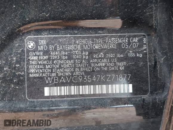 2007 BMW 3 Series 328xi z VIN WBAVC93547KZ71877, wystawiony jako IAAI lot #43319504 z przebiegiem 251 664 mil mil oraz . Historia ofert i sprzedaży dostępna na DreamBid. Obrazek 9.