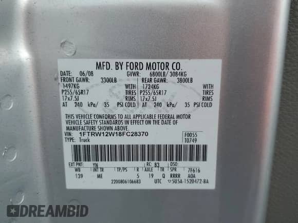 2008 Ford F-150 XL with VIN 1FTRW12W18FC28370, listed as a Copart auction lot 84748285 with 134,682 mi miles and Salvage title. Bid and sale history available at DreamBid. Image 12.