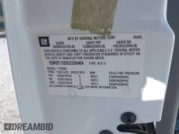 2005 Chevrolet TrailBlazer LS z VIN 1GNDT13S052338464, wystawiony jako IAAI lot #41823564 z przebiegiem 245 857 mil mil oraz . Historia ofert i sprzedaży dostępna na DreamBid. Obrazek 9.