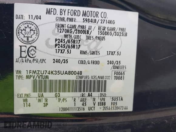 2005 Ford Explorer Eddie Bauer with VIN 1FMZU74K35UA80048, listed as a IAAI auction lot 41741608 with 145,922 mi miles and . Bid and sale history available at DreamBid. Image 9.
