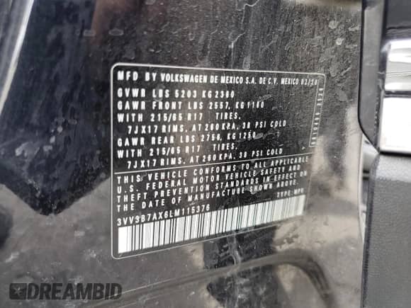 2020 Volkswagen Tiguan SE with VIN 3VV3B7AX6LM115376, listed as a Copart auction lot 70205545 with 116,923 mi miles and Salvage title. Bid and sale history available at DreamBid. Image 14.