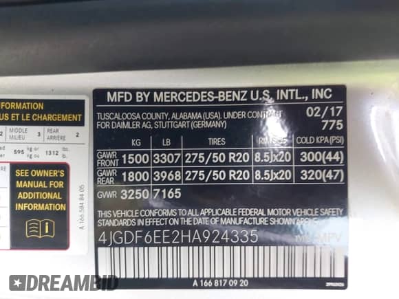 2017 Mercedes-Benz GLS 450 with VIN 4JGDF6EE2HA924335, listed as a IAAI auction lot 42553484 with 98,508 mi miles and . Bid and sale history available at DreamBid. Image 9.