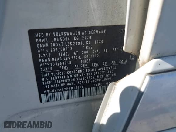 2017 Volkswagen Tiguan Sport с VIN WVGUV7AX2HK018258, выставлен на аукционе IAAI как лот 43334964 с пробегом 153 594 миль миль и . История ставок и продаж доступна на DreamBid. Изображение 9.