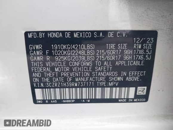 2024 Honda HR-V LX с VIN 3CZRZ1H39RM737171, выставлен на аукционе IAAI как лот 42943468 с пробегом 33 738 миль миль и . История ставок и продаж доступна на DreamBid. Изображение 9.