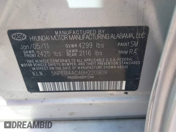 2011 Hyundai Sonata GLS z VIN 5NPEB4AC4BH220909, wystawiony jako IAAI lot #43441466 z przebiegiem 222 035 mil mil oraz . Historia ofert i sprzedaży dostępna na DreamBid. Obrazek 9.