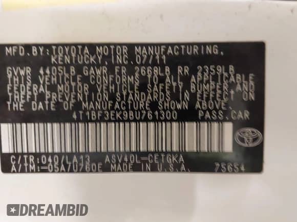 2011 Toyota Camry LE с VIN 4T1BF3EK9BU761300, выставлен на аукционе IAAI как лот 42675734 с пробегом 195 577 миль миль и . История ставок и продаж доступна на DreamBid. Изображение 9.