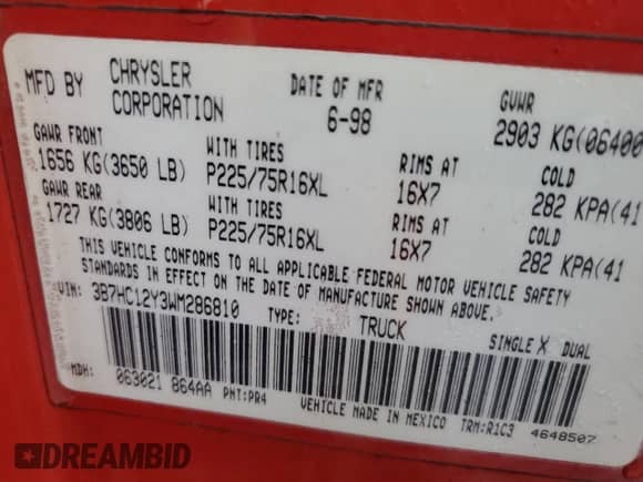 1998 Dodge 1500 с VIN 3B7HC12Y3WM286810, выставлен на аукционе Copart как лот 65866334 с пробегом Не указан миль и Списание • Salvage title. История ставок и продаж доступна на DreamBid. Изображение 12.