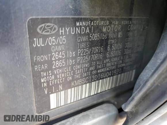 2006 Hyundai Santa Fe GLS z VIN KM8SC13D16U041920, wystawiony jako Copart lot #84026304 z przebiegiem 123 515 mil mil oraz Szkoda całkowita • Salvage title. Historia ofert i sprzedaży dostępna na DreamBid. Obrazek 14.