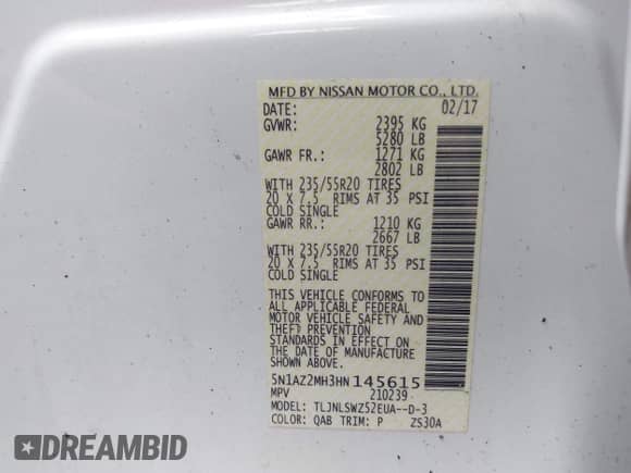 2017 Nissan Murano SL with VIN 5N1AZ2MH3HN145615, listed as a IAAI auction lot 41914576 with 157,990 mi miles and . Bid and sale history available at DreamBid. Image 9.