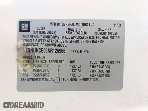 2010 Chevrolet Tahoe LTZ with VIN 1GNUKCE06AR125966, listed as a IAAI auction lot 42544013 with 243,418 mi miles and . Bid and sale history available at DreamBid. Image 9.