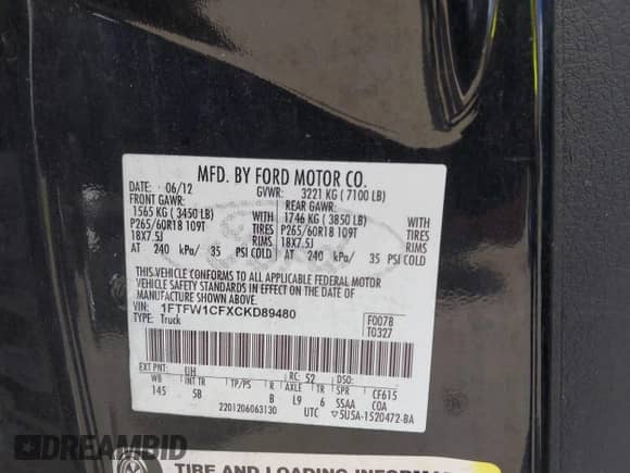 2012 Ford F-150 FX2 with VIN 1FTFW1CFXCKD89480, listed as a IAAI auction lot 43112992 with 174,503 mi miles and . Bid and sale history available at DreamBid. Image 9.