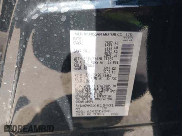 2013 Nissan Pathfinder SL with VIN 5N1AR2MN7DC615401, listed as a IAAI auction lot 41851881 with 150,266 mi miles and . Bid and sale history available at DreamBid. Image 9.