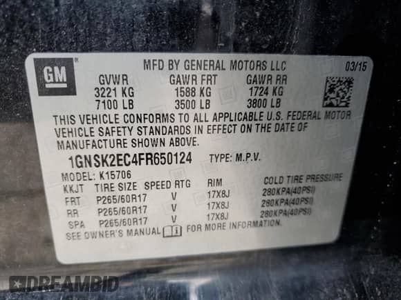 2015 Chevrolet Tahoe Commercial with VIN 1GNSK2EC4FR650124, listed as a Copart auction lot 44810695 with 235,301 mi miles and Salvage title. Bid and sale history available at DreamBid. Image 14.