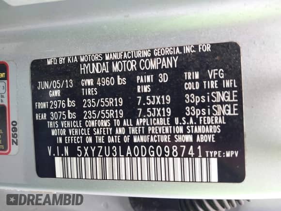 2013 Hyundai Santa Fe Sport with VIN 5XYZU3LA0DG098741, listed as a IAAI auction lot 43054236 with 136,127 mi miles and . Bid and sale history available at DreamBid. Image 9.