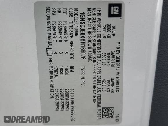 2011 Chevrolet Suburban LT with VIN 1GNSCJE0XBR166076, listed as a Copart auction lot 85882165 with 169,114 mi miles and Salvage title. Bid and sale history available at DreamBid. Image 13.