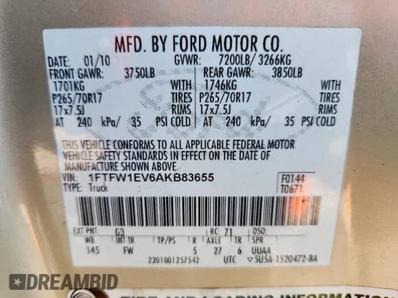 2010 Ford F-150 XL с VIN 1FTFW1EV6AKB83655, выставлен на аукционе Copart как лот 83856635 с пробегом 177 707 миль миль и Чистый • Clean title. История ставок и продаж доступна на DreamBid. Изображение 12.