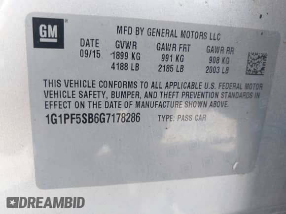 2016 Chevrolet Cruze LT with VIN 1G1PF5SB6G7178286, listed as a IAAI auction lot 43045184 with Not provided miles and . Bid and sale history available at DreamBid. Image 9.