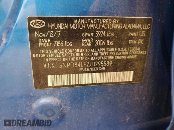 2018 Hyundai Elantra SEL с VIN 5NPD84LF2JH295589, выставлен на аукционе Copart как лот 90016455 с пробегом 27 833 миль миль и Списание • Salvage title. История ставок и продаж доступна на DreamBid. Изображение 12.