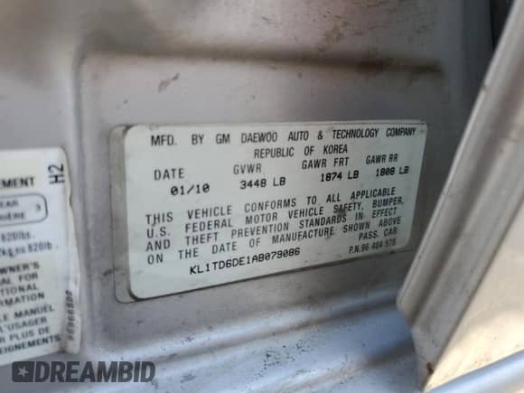 2010 Chevrolet Aveo 1LT with VIN KL1TD6DE1AB079086, listed as a Copart auction lot 67665514 with Not provided miles and Salvage title. Bid and sale history available at DreamBid. Image 12.