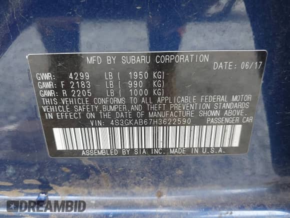 2017 Subaru Impreza Premium with VIN 4S3GKAB67H3622590, listed as a IAAI auction lot 43090070 with 74,876 mi miles and . Bid and sale history available at DreamBid. Image 9.