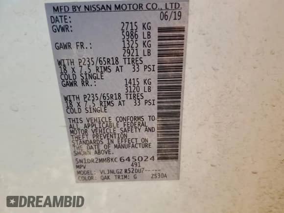 2019 Nissan Pathfinder SL with VIN 5N1DR2MM8KC645024, listed as a Copart auction lot 66683155 with 112,192 mi miles and Salvage title. Bid and sale history available at DreamBid. Image 13.