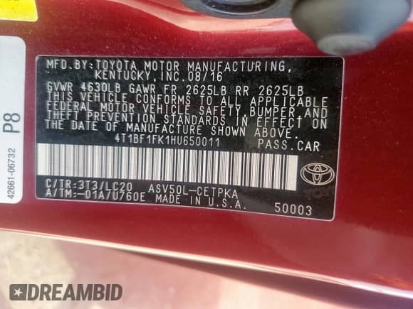 2017 Toyota Camry XLE с VIN 4T1BF1FK1HU650011, выставлен на аукционе Copart как лот 80852265 с пробегом 136 965 миль миль и Списание • Salvage title. История ставок и продаж доступна на DreamBid. Изображение 12.