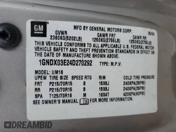 2004 Chevrolet Venture LS with VIN 1GNDX03E24D270292, listed as a Copart auction lot 59177505 with Not provided miles and Salvage title. Bid and sale history available at DreamBid. Image 13.