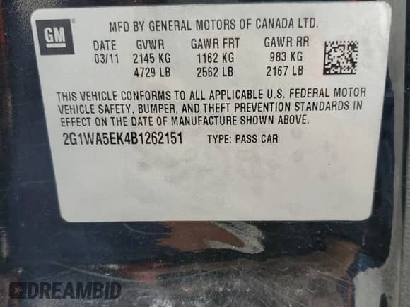 2011 Chevrolet Impala LS Retail с VIN 2G1WA5EK4B1262151, выставлен на аукционе Copart как лот 71617455 с пробегом 151 055 миль миль и Списание • Salvage title. История ставок и продаж доступна на DreamBid. Изображение 12.