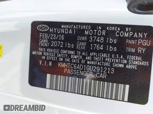 2016 Hyundai Veloster with VIN KMHTC6AD1GU291213, listed as a IAAI auction lot 42973926 with 115,056 mi miles and . Bid and sale history available at DreamBid. Image 9.