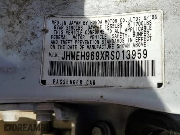 1994 Honda Civic with VIN JHMEH969XRS013959, listed as a Copart auction lot 45937305 with 162,329 mi miles and Salvage title. Bid and sale history available at DreamBid. Image 14.