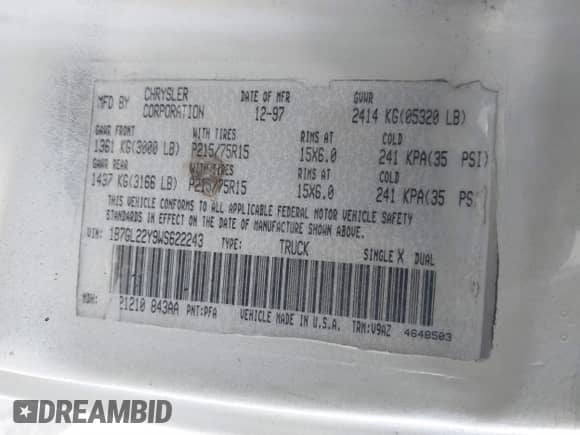 1998 Dodge Dakota SLT с VIN 1B7GL22Y9WS622243, выставлен на аукционе IAAI как лот 41232705 с пробегом 122 167 миль миль и . История ставок и продаж доступна на DreamBid. Изображение 9.